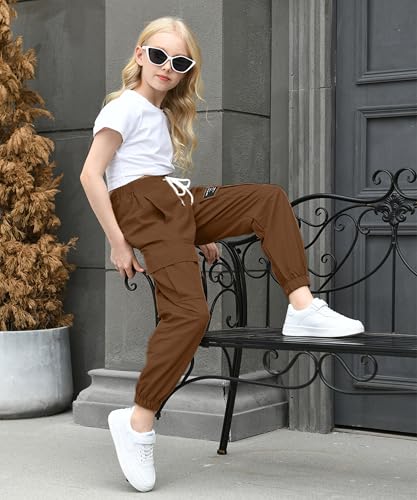 Image of AOWKULAE Big Girls Pants, Drawstring Elastic Waist Loose Tapered Cargo Jogger Pants with Multi Pockets for Girl, Z-Brown, 13-14 Years = Tag 170