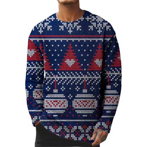 Suéteres de Navidad para hombre, diseño de renos, cuello redondo, manga larga, sudaderas casuales de talla grande, camisetas de invierno feas, 1-azul, XL