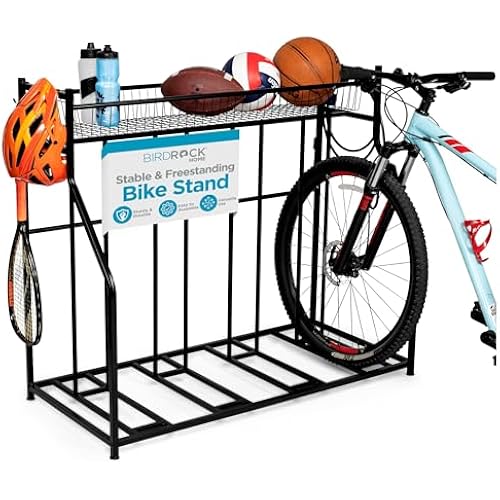 BIRDROCK HOME 4 Bike Stand for Garage Storage with Gear Basket and Hooks