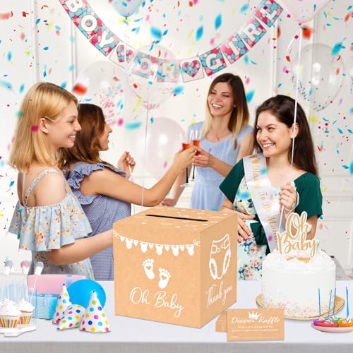 Image of 50 Diaper Raffle Tickets with Box for Baby Shower Game, Clear White Diaper Raffle Card Box for Gender Reveal Baby Shower Raffle Oh Baby Party Decoration Card Boxes