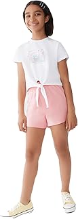 Conjunto niña 2 piezas Camiseta blanca algodón con nudo frontal y estampado cámara + Shorts Azul cintura elástica, bolsillos laterales, tejido suave y transpirable, ideal para verano y juego diario