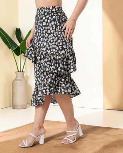 Image of OOMPH! Women Floral Printed Asymmetric Ruffled Midi Skirt | Elegant Flowy Fit | Mid-Rise | Lightweight & Breathable | Flared Hem | Summer Casual Skirt