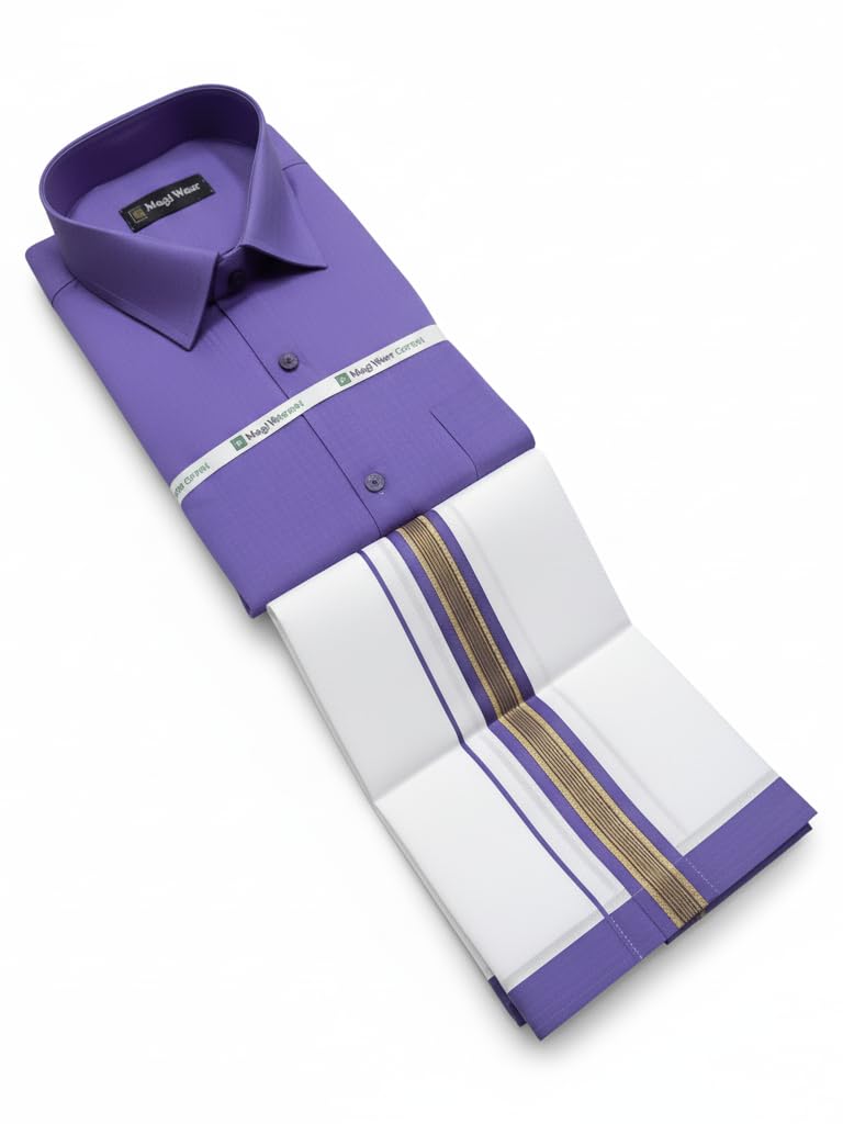 Lavender Vesti Shirt Set for Men – Cotton Dhoti and Violet Shirt Combo | South Indian Veshti Shirt Set | Ethnic Wear Dhoti Shirt Combo | Shirt and Dhoti Set for Men-image-20