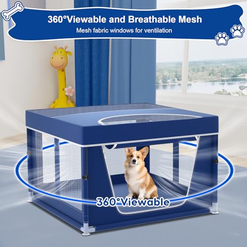 Image of 42x42x26 Inches Puppy Playpen with Top Cover, Dog Playpen for Small or Puppy, DogFence Pet Playpen for Indoor & Outdoor, Sturdy Safety Dog Pen with Durable Mesh Windows, Blue