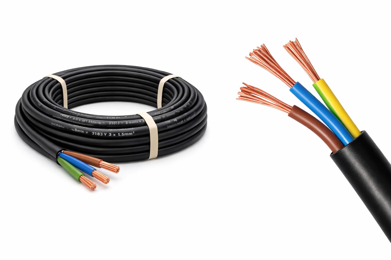 3183Y Black 3 Core Flexible Cable – PVC Insulated Mains Flex (3G Electrical Flex, Cut Length) 0.75mm