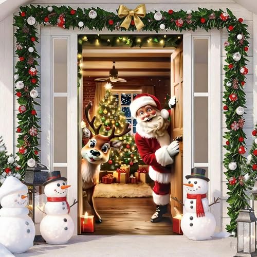 Weihnachts-Türdekoration mit Weihnachtsmann und Rentieren, Hängen...