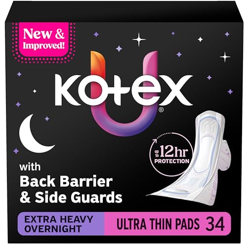 Kotex Ultra Thin Overnight Pads with Wings, Extra Heavy Absorbency, 34 Count (Packaging May Vary)