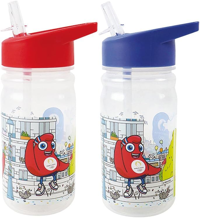 Fun House Olympic Games Paris 2024 Drinking Bottle with Straw JO 380 ml for Children – Reusable Dishes – Red or Blue