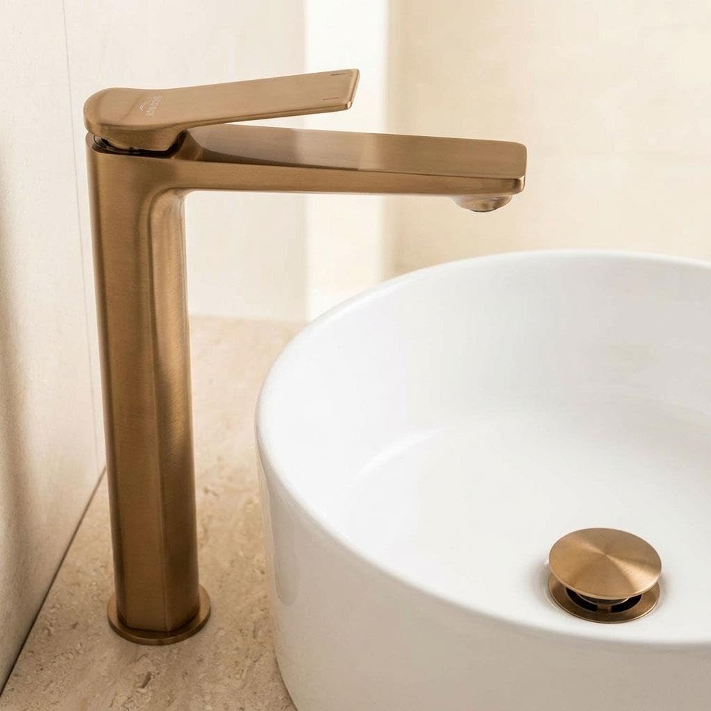 Invena Bronze Tall Bathroom Sink Tap Brushed Copper Single Lever Neri Plus