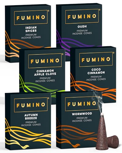 Fumino Räucherkegel-Set Kamin & Frost Multipack - Frische Räucherkerzen mit Masala Agarbatti Joss Räucher Duft - 6 Boxen, 90 Räucherkegel - Räucherpyramiden Weihrauch für Entspannung & Meditation
