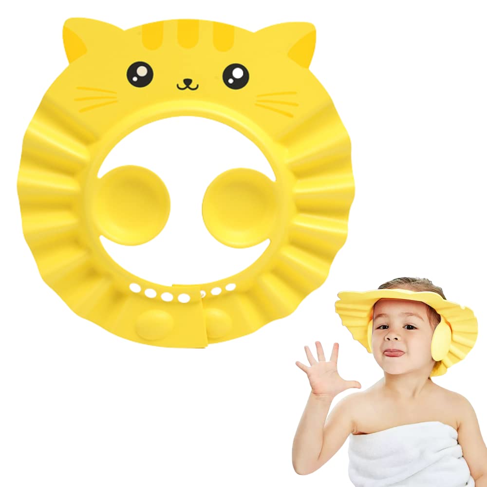 Cat Baby Shower Cap with Earmuff Foldable Anti-Reflux Cartoon Baby Shower Cap Soft Bath Shampoo Cap Adjustable Baby