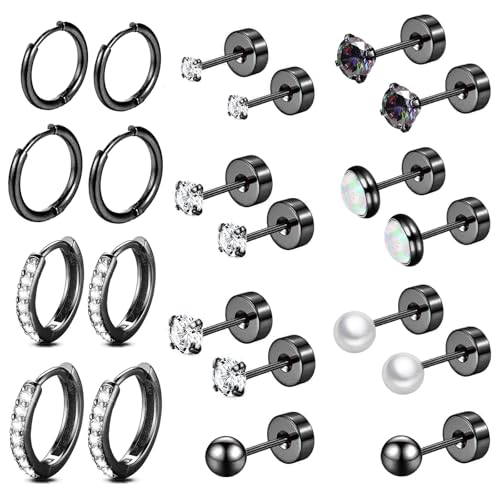 Black Earrings for Women,Surgical Steel Flatback Stud Earrings,Titanium Steel Black Hoop Earrings,Black CZ Pearl Ball Opal