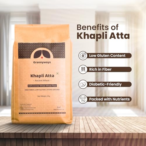 Image of Grannyways Khapli Atta (4.5 KG) - 100% Stone-Ground Ancient Wheat Flour | Traditional Whole Grain Atta for Daily Cooking | Diabetic Friendly | Perfect for Rotis, Parathas & Baking