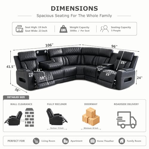 Image of Dark Grey Power Reclining Sectional Sofa with Cup Holders /Storage, 5 Seater | L-Shaped Recliner Couch with USB Charging /Storage, Home Theater Seating, Leather Furniture for Living Room, House, Apartment