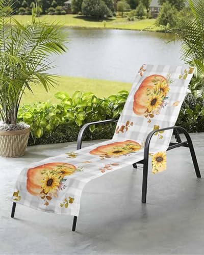 Pumpkin Beach Chair Towel Covers for Chaise Lounge with Side Pocket, Soft Plush Pool Towels Cover for Patio Sunbathing Outdoor 29''x85'' Fall Sunflower Autumn Maple Leaves Plaid