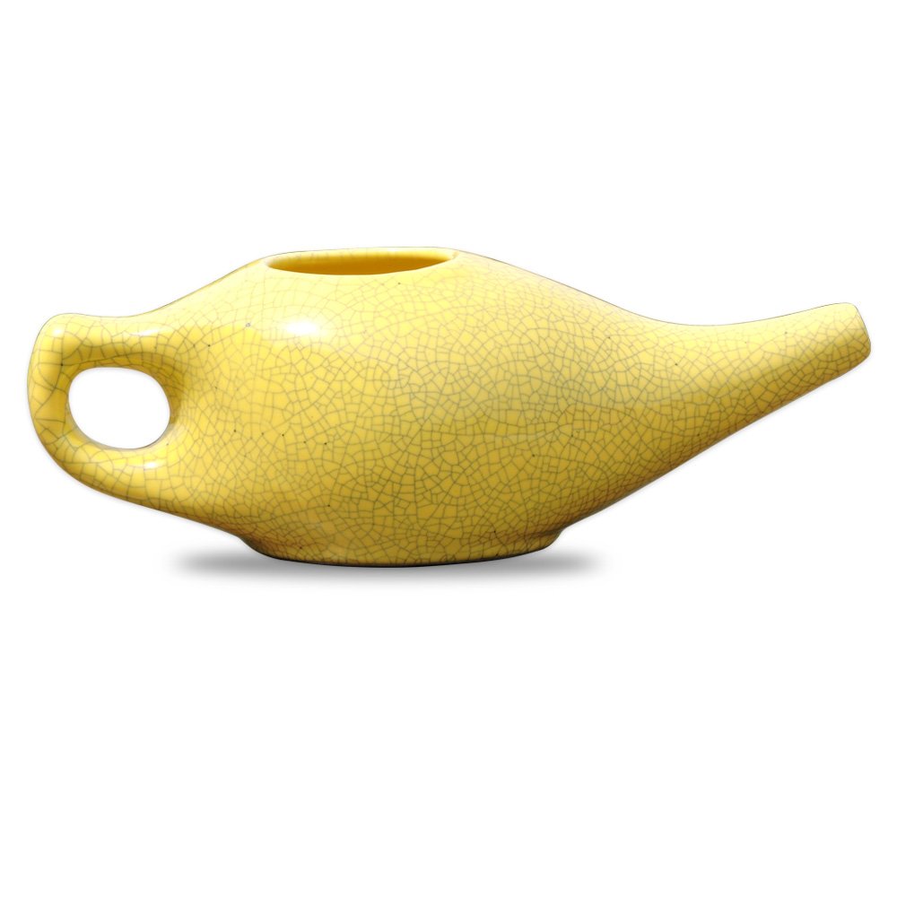 Ceramic Neti Pot for Nasal Cleansing Crackle Pattern | Neti Pot with 10 Sachets of Neti Salt + Instructions Leaflet | Natural Treatment for Sinus, Infection and Congestion (Yellow)