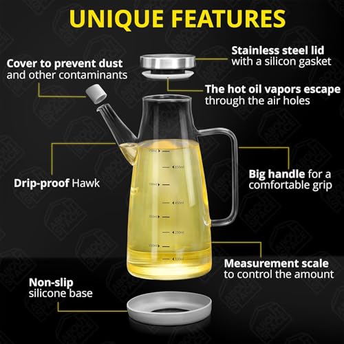 Image of ABOUT SPACE Glass Oil Dispenser 750 ml with Stainless Steel Cap, Silicone Base, Measurement, Drip-proof Hawk with Dust Cap, Leak-proof Oil Bottle for Kitchen, Upto 300F Easy to Refill Oil Container
