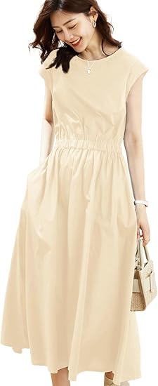 イノ Yino ワンピース レディース マキシワンピース 四色 ポケット付き 裏地付き ウエストゴム 夏 ワンピ ゆったり 着痩せ お洒落 無地 魅力 通勤 Ol お出かけ 大きいサイズ ロングワンピース カジュアルワンピース 通販