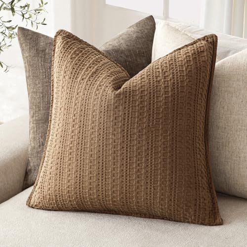 Image of Foindtower Set of 2 Decorative Cotton Waffle Weave Throw Pillow Covers Euro Shams Cushion Covers Accent European Pillowcase for Bed Couch Sofa Bedroom Living Room Home Decor 18x18 Inch Orange Brown