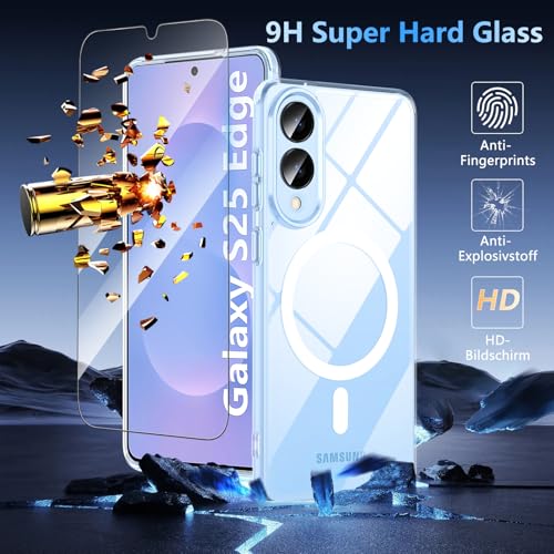 Image of OWKEY for Samsung Galaxy S25 Edge Case 6.7'', Magnetic S25 Edge Case for Magsafe with Tempered Glass Screen, [Shockproof Military] Transparent Back Slim Bumper Cover Phone Case Galaxy s25 Edge, Clear