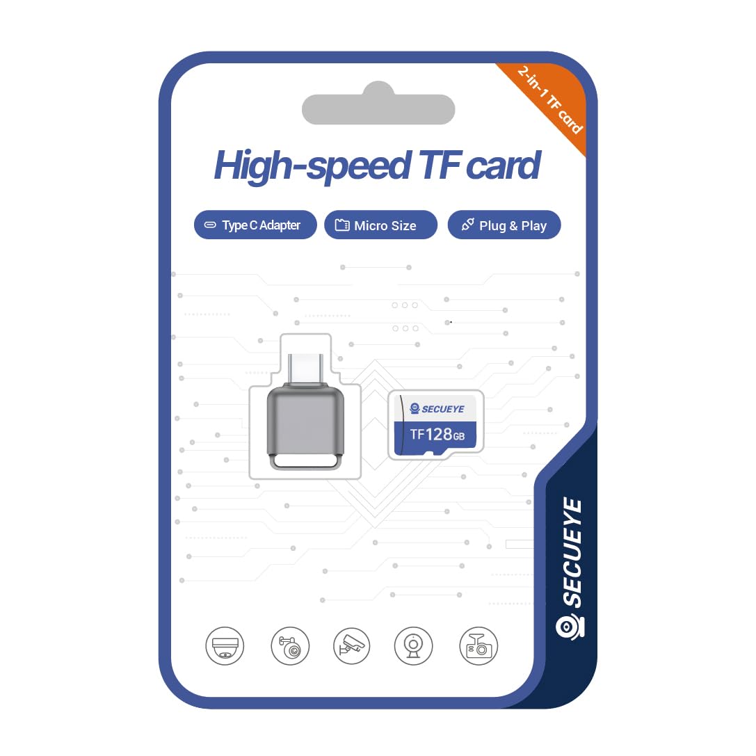 SECUEYE Carte mémoire TF 128 Go avec adaptateur de type C Classe 10 FAT32 haute vitesse de lecture/écriture 24h/24 et 7j/7 pour caméra de sécurité Dash Cam et plus (128 Go + lecteur de carte)