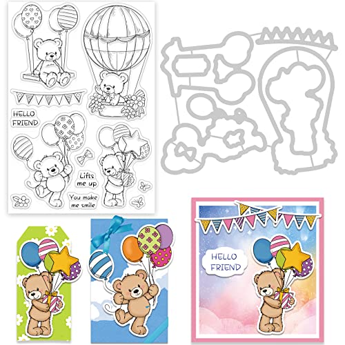 GLOBLELAND Bear and Theme Clear Stamps and Die Cuts Animals Friendship Silicone Stamps Cards and Metal Cutting Dies for Card Making and DIY Embossing Scrapbooking