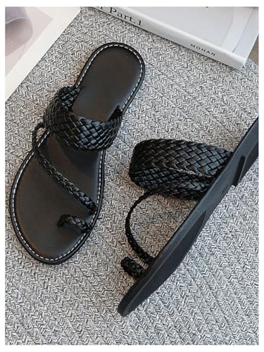 OYOANGLE Girl's Braided Toe Ring Sandals Open Toe Strappy Beach Vacation Slip on Flat Sandal3