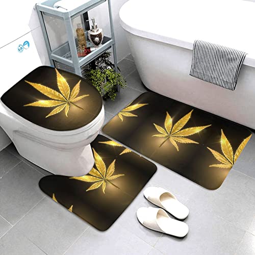 Golden Cannabis Print Rug Mats Pads Badvorleger Badezimmerteppich Set 3 Stück + Konturteppich + Toilettendeckelbezug – Bild 4