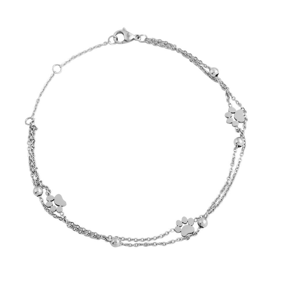 Edforce Stainless Steel 3 Paws Double Chain 5 Balls Pendant Anklet, 8.5"+2" Extender