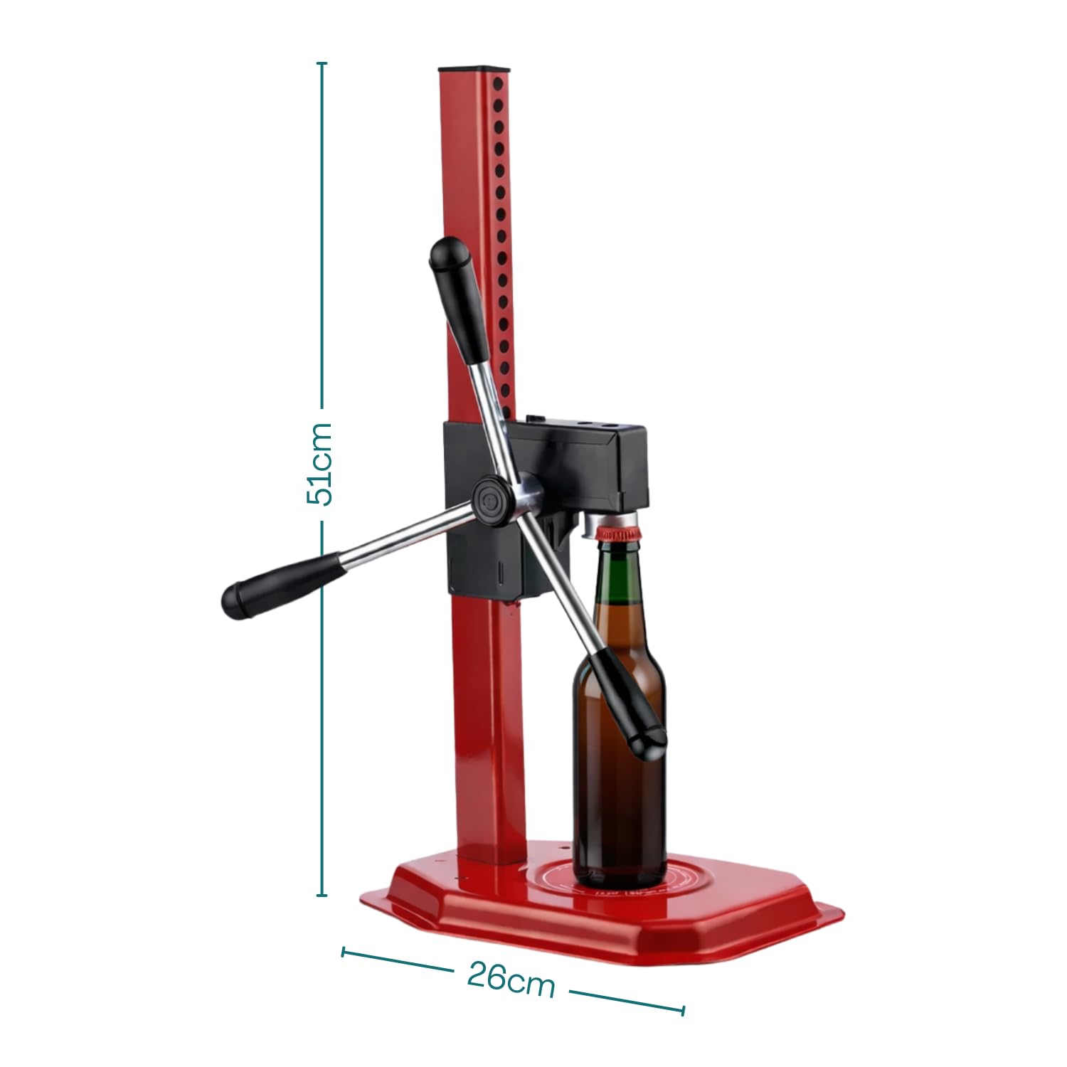 VIRSUS Tappatrice a Cremagliera 3 Leve RE220, Misura 27x52 cm, Peso 3,25 kg, Capsulatrice a Colonna Manuale da Tavolo per Tappi Corona Ø 26 mm Bottiglie Vino Birra + 100 Tappi a Corona Diam 26 mm