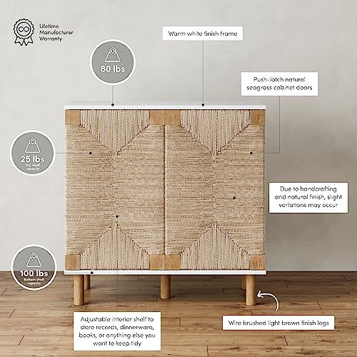 Image of Nathan James Beacon Accent Natural Sideboard Storage Cabinet TV Stand with Adjustable Interior Shelf and Seagrass Doors, for Hallway, Entryway or Dining Room, Light Brown /White, Set of 4
