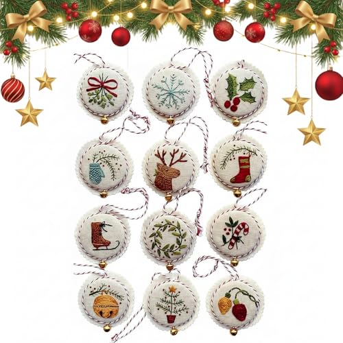 Embroidery Christmas Ornament Kits with DIY Material Package DIY Needlepoint Starter Set with Easy Instructions for Adults Beginners-12PCS