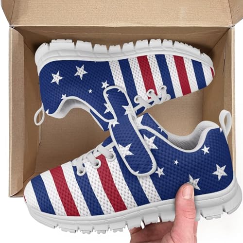 Kids Shoes Little Kid Boys Girls Athletic Running Sports Strap Sneakers for Little Kid/Big Kid Classic America Flag Star Pattern（White Sole）2