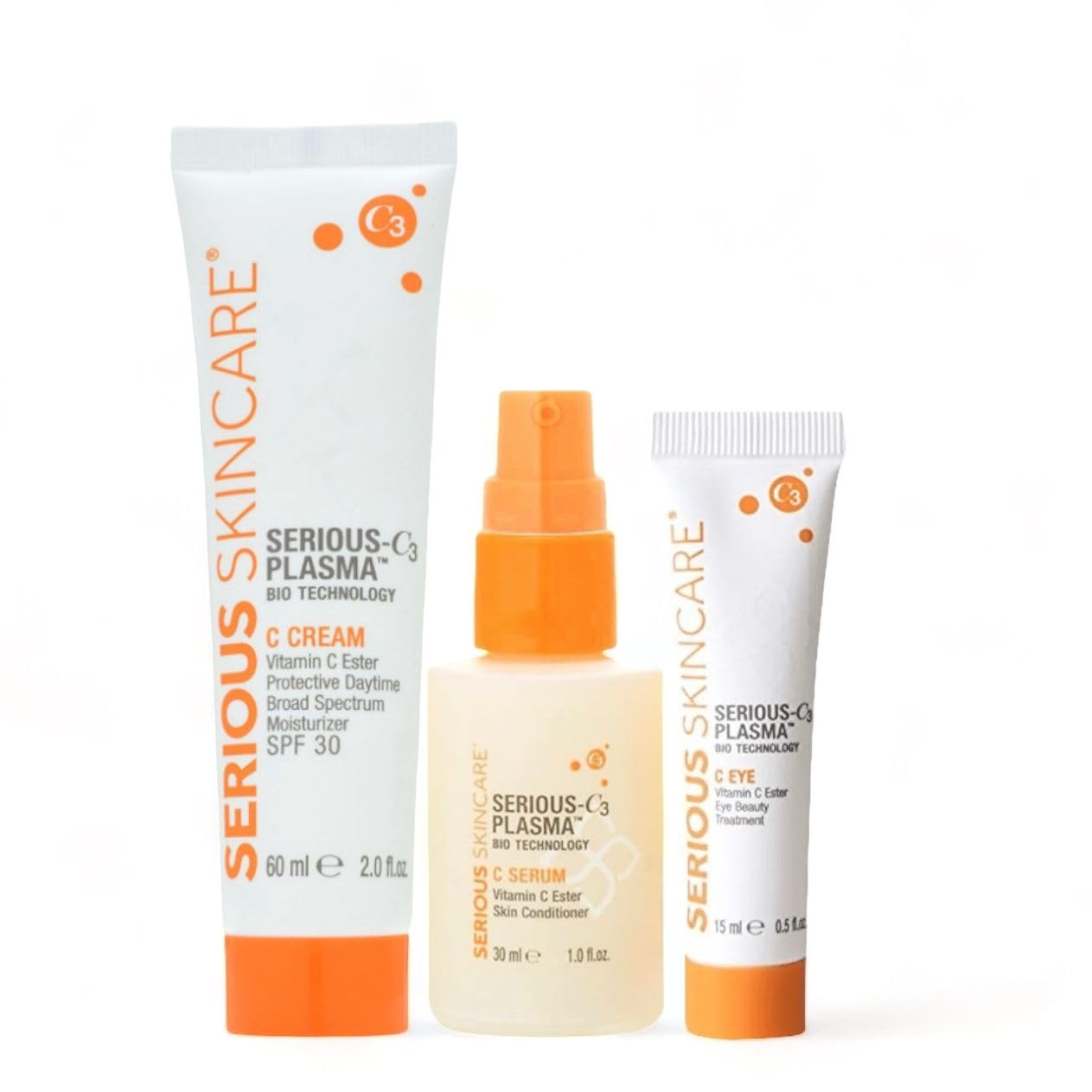 Serious-C3 Plasma Vitamin C Day Trio - C Cream Daytime Moisturizer SPF 30 2 oz, Vitamin C Serum Skin Conditioner 1 oz. and C-Eye Treatment 0.5 oz.- For Smooth Radiant Skin