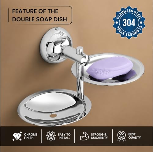 Image of USF Premium Double Soap Dish for Bathroom, 304 Grade Stainless Steel Soap Holder for Wash & Shower Area, Wall Mounted & Quick Drainage System, Chrome Finish, 25 Years Warranty, Pack of 1 - Torin