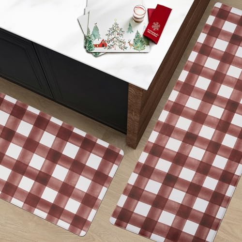 Freshmint Modern Farmhouse Plaid 2 Piece Set Kitchen Mats For Floor Anti Fatigue Waterproof & Non-Skid Kitchen Rugs Cushioned Kitchen Mat For Standing Washable Comfort Desk Kitchen Runners thumb #1
