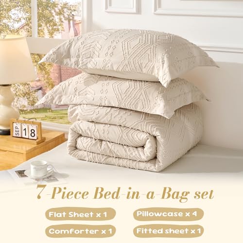 Image of Queen Comforter Set - Bed in a Bag Boho Summer Bed Set, 7 Pieces Soft Fluffy Lightweight Queen Comforter for All Seasons,Gifts for Woman, Farmhouse Shabby Chic Embroidered Bedding