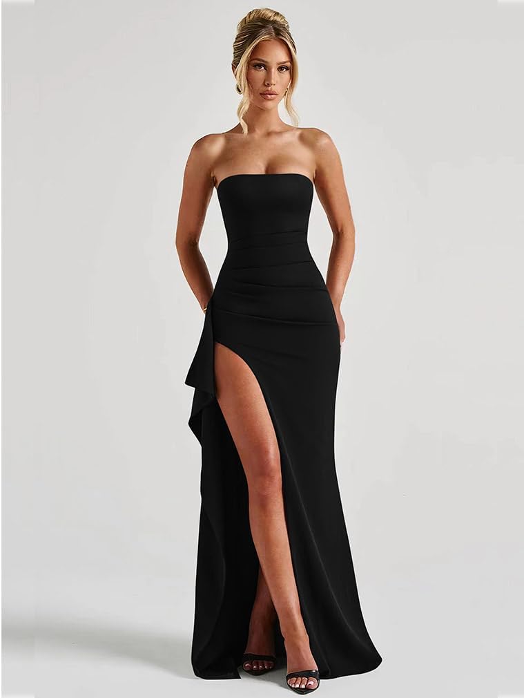 LAGSHIAN Women's Elegant Tube High Split Maxi Dress Strapless Bodycon Ruched Long Formal Evening Dress - Image 2