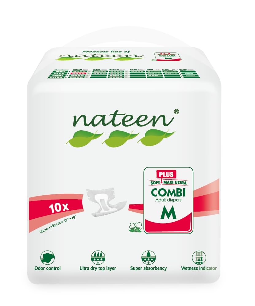 Nateen Combi Plus Incontinence Adult Diaper,Medium,Waist Size 95-125cm, 10 Count Adult Diapers,with Super Absorbent Layer, Leak Guard,Disposable Underwear for Men&Women-2450ml Absorbency.