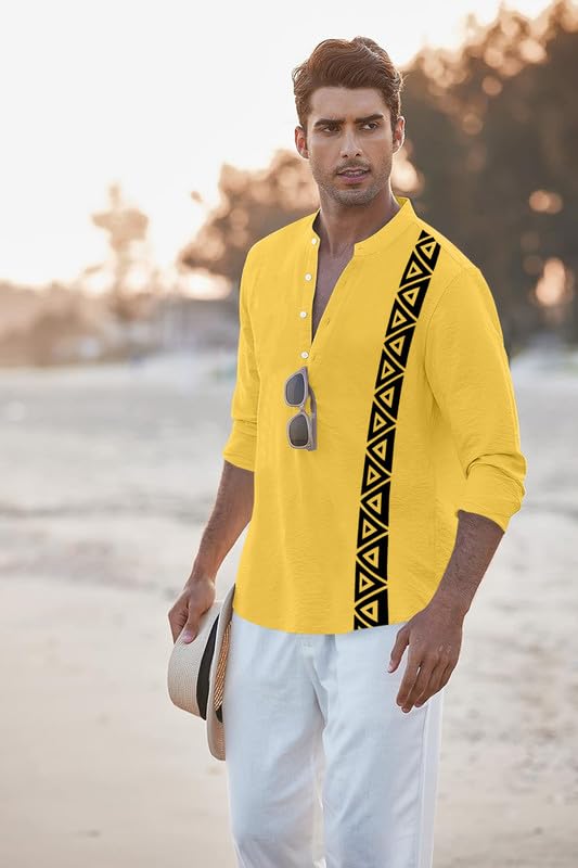 Image of FINIVO FASHION Men's Short Kurta with Printed Geometric Side Panel | Cotton Blend Full Sleeve Ethnic Topwear with Mandarin Collar | Stylish Indo-Fusion Kurta for Daily, Festive, or Casual Wear