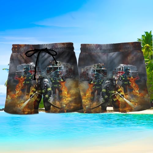 V-DECORPARKS Firefighter Mens Swim Trunks - Labor Day Swimming Trunk for Men - Drawstring Beach Shorts, Mens Swim Shorts 282