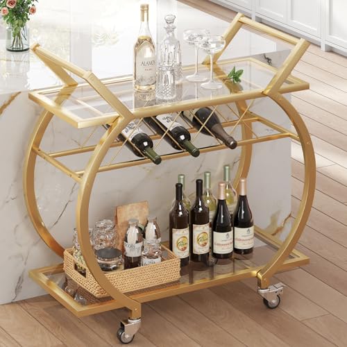 Image of LVB Gold Bar Cart with Glass, Bar Cart with Wheels, Wine Cart with Storage | 2 Tier Glass Shelves Home Bar Serving Cart with Wine Rack, Liquor Cart for Kitchen, Bar, Dinning Room