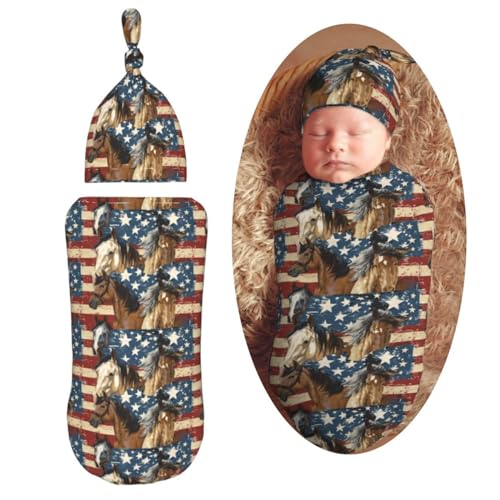 Image of Horses On American Flags Newborn Swaddle Blankets Hat Sets Soft Baby Receiving Blanket Swaddle Sack for Baby Shower Infant Boy Girl Gift