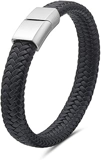 My Daily Styles Men's Leather Bracelet with Stainless Steel Magnetic Lock (8in, Black)