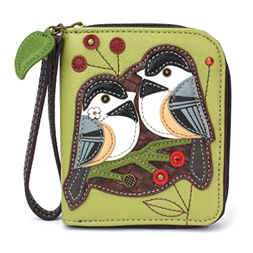 Image of CHALA Zip Around Wallet, Wristlet, 8 Credit Card Slots, Sturdy Pu Leather - Chickadee - Green