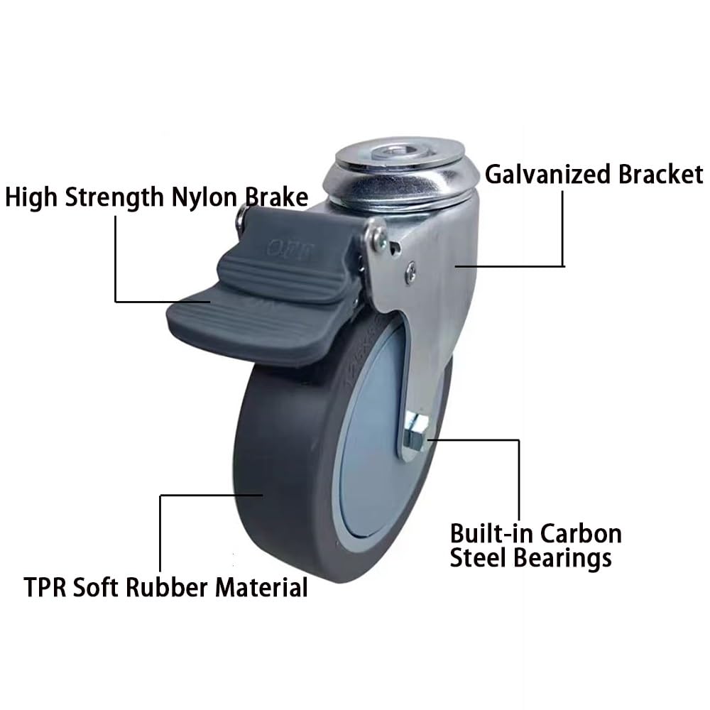 Silenziose Ruote in Gomma TPR 4 Pezzi, Ruote Pivottanti 5 Pollice con Freni, 12 MM Foro Superiore Universale Ruote per Carrelli, Mobiletti(Swivel)