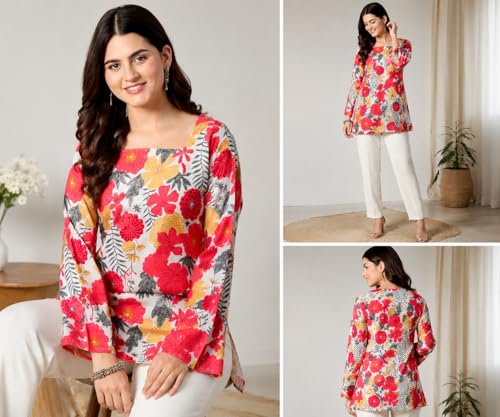 Image of SONISHA Women's Rayon Floral Print Short Kurti for Women Elegance Square Neck, Long Sleeves with Style Criss Cross Back Kurti, Top for Office Wear, Casual, Outdoor