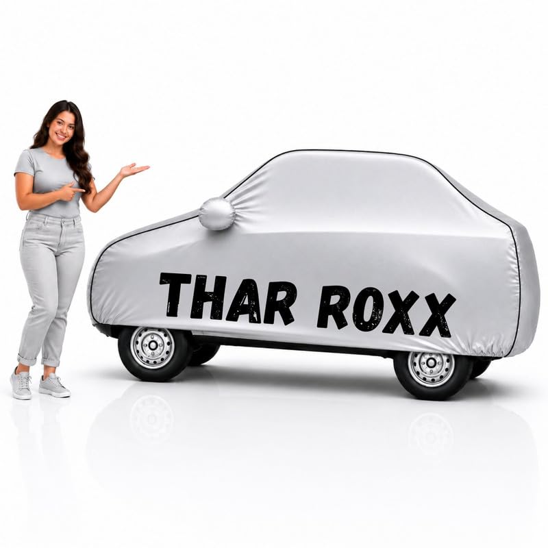 Image of Long-Life 100% Waterproof Thar Roxx Car Body Cover for Dust & Rain, Compatible with All Models of Thar Roxx Car Cover, Comes with Bird Droppings, Scratch, UV and Paint Protection - Silver