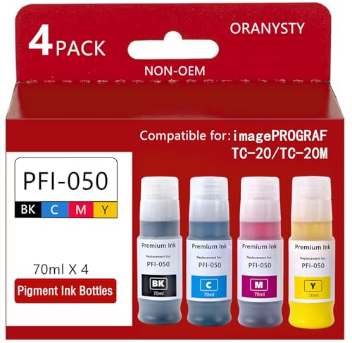 Image of PFI-050 70ml Pigment Ink Tank Set Remanufactured for Canon PFI-050 PFI050 PFI 050 Ink Bottle Compatible with Canon imagePROGRAF TC-20 TC-20M Printer (BK C M Y) tc20m tc20 Ink Refills
