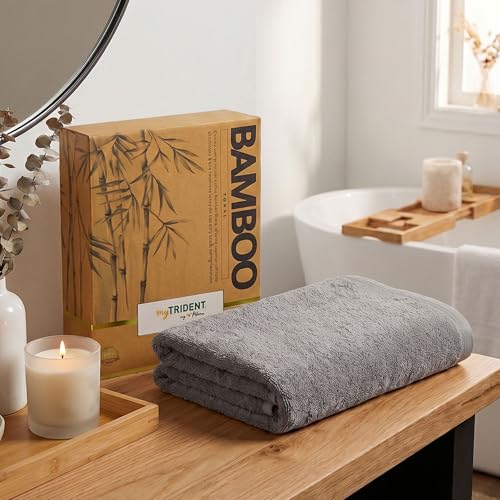 Image of MYTRIDENT Cotton Bamboo Towels for Bath Large Size | Soft & Absorbent | Anti-Microbial & Anti-Odour | 450 GSM | 1 Piece Bath Towel for Men /Women - Charcoal